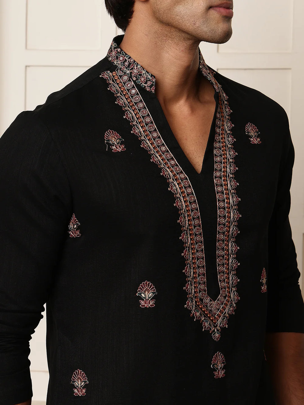 Black Thread Work Yoke Design Dupion Silk Straight Kurta for Men - Image 11