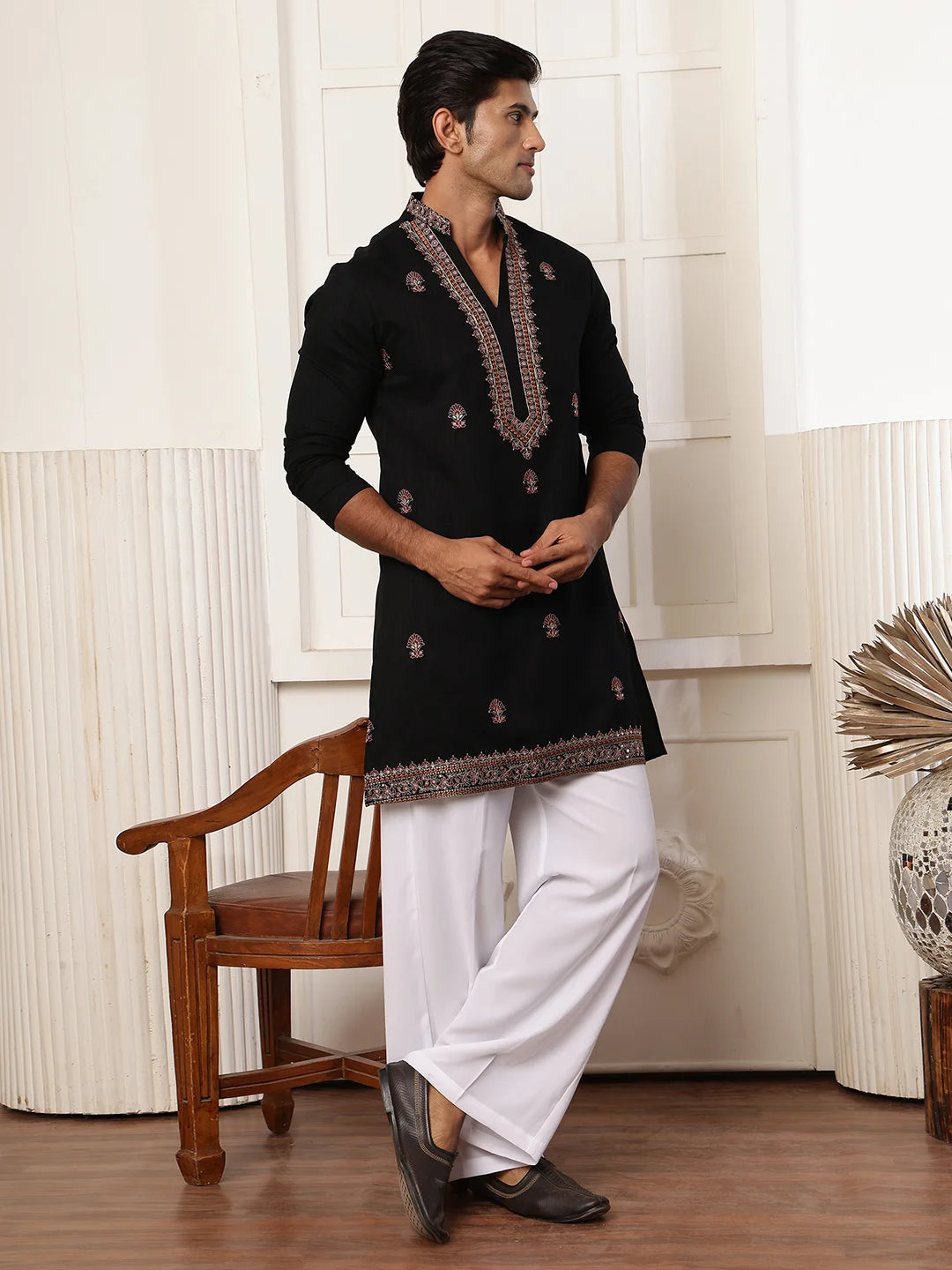 Black Thread Work Yoke Design Dupion Silk Straight Kurta for Men - Image 12
