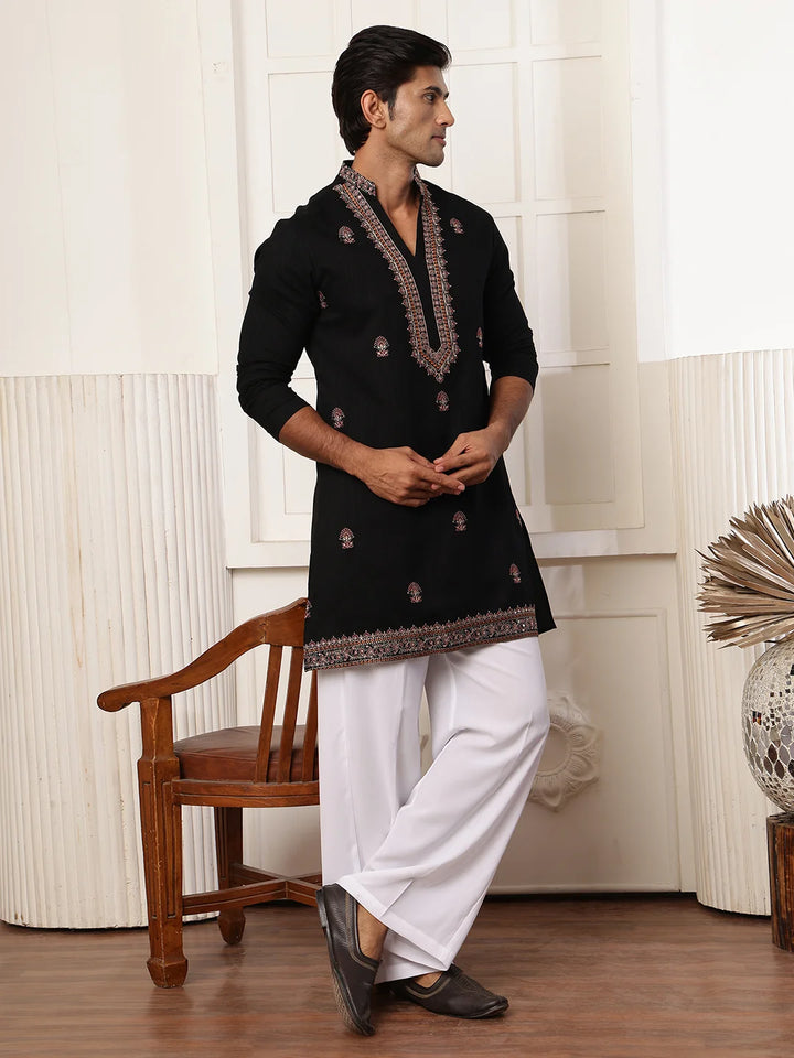 Black Thread Work Yoke Design Dupion Silk Straight Kurta for Men - Image 12