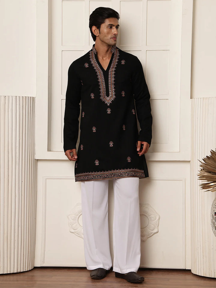 Black Thread Work Yoke Design Dupion Silk Straight Kurta for Men - Image 2