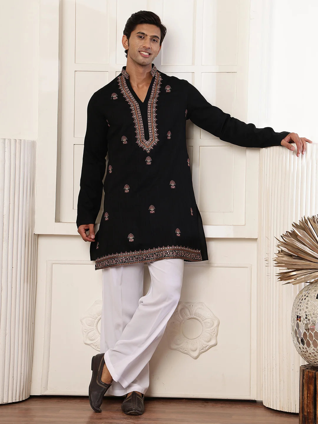 Black Thread Work Yoke Design Dupion Silk Straight Kurta for Men - Image 3