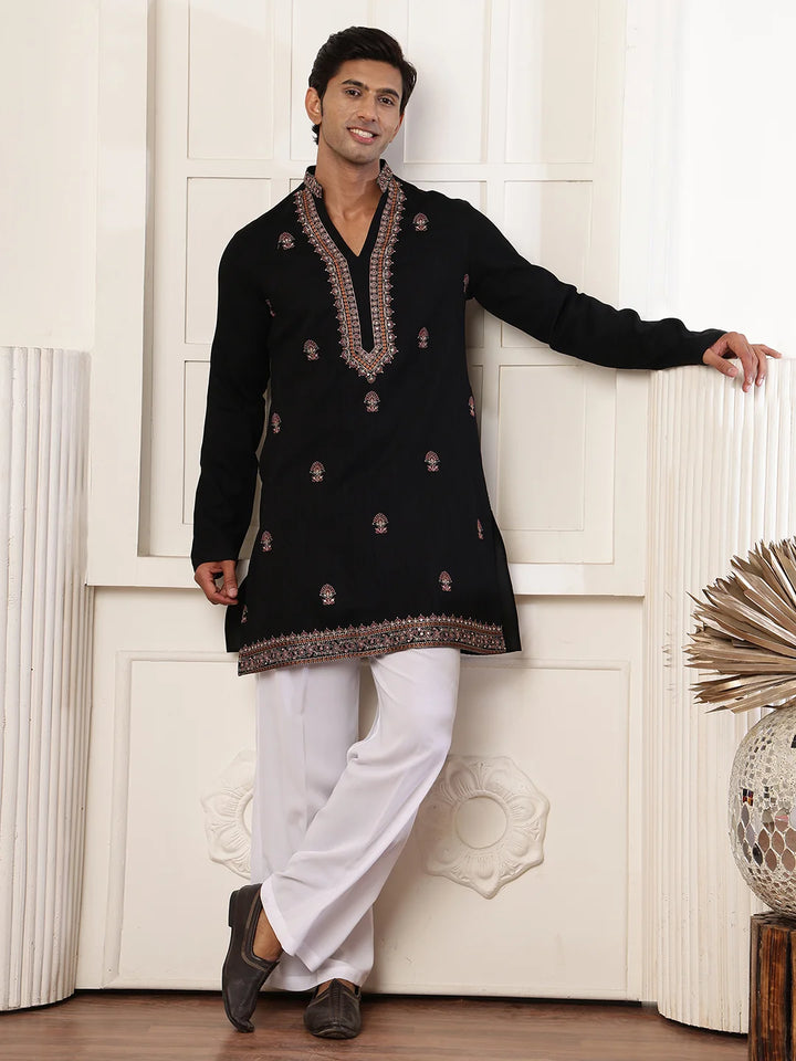 Black Thread Work Yoke Design Dupion Silk Straight Kurta for Men - Image 3