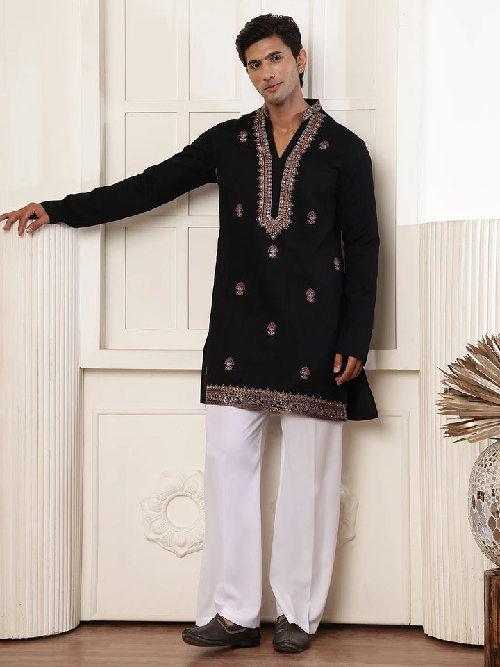 Black Thread Work Yoke Design Dupion Silk Straight Kurta for Men - Image 4