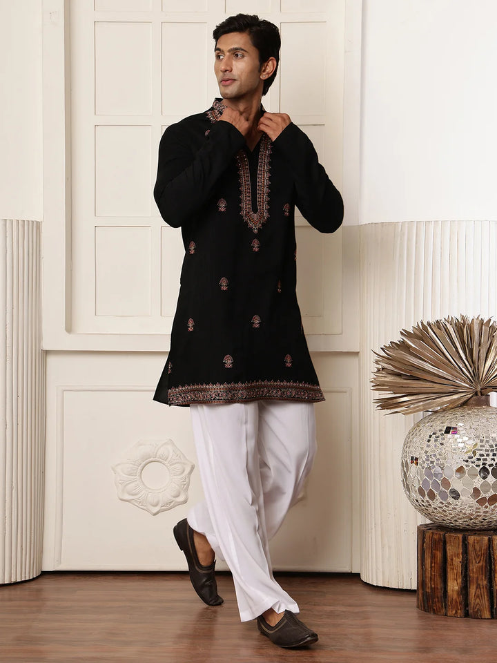 Black Thread Work Yoke Design Dupion Silk Straight Kurta for Men - Image 5
