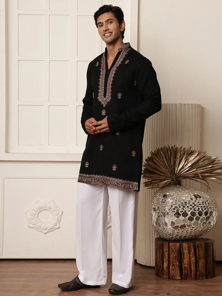 Black Thread Work Yoke Design Dupion Silk Straight Kurta for Men - Image 6
