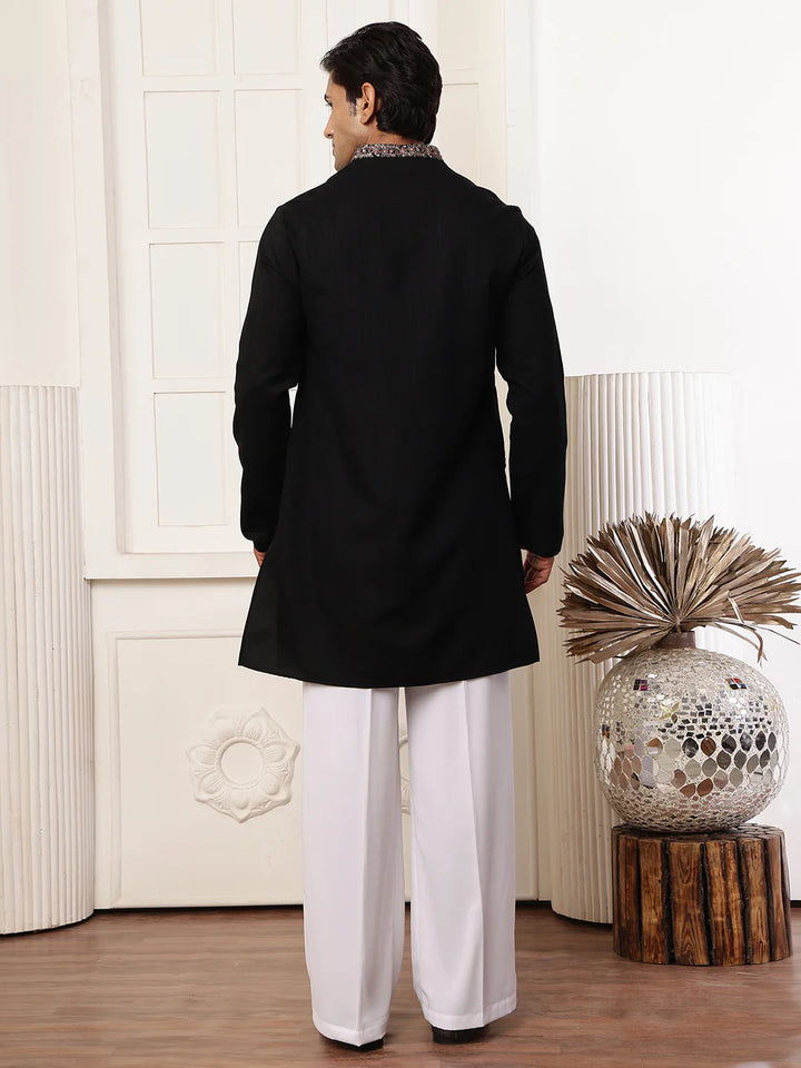 Black Thread Work Yoke Design Dupion Silk Straight Kurta for Men - Image 7