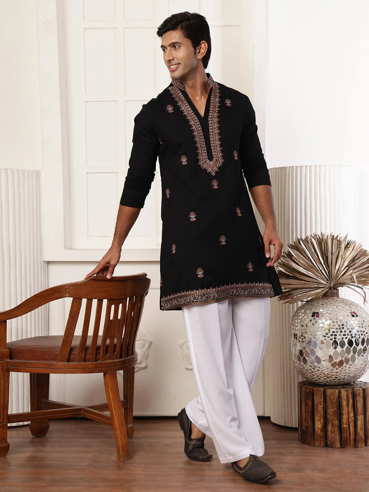 Black Thread Work Yoke Design Dupion Silk Straight Kurta for Men - Image 8