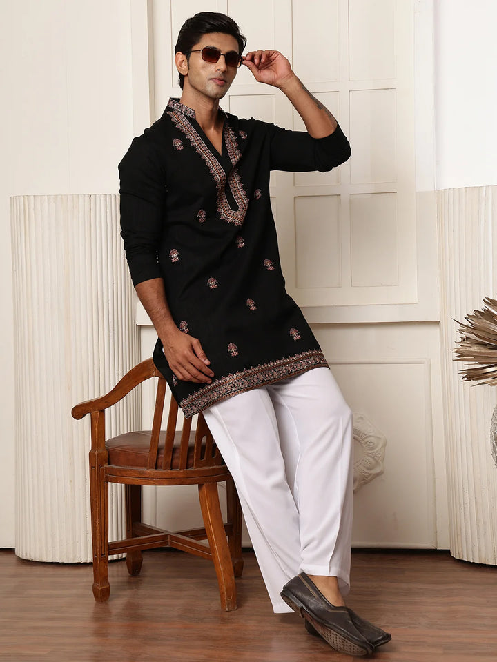Black Thread Work Yoke Design Dupion Silk Straight Kurta for Men - Image 9