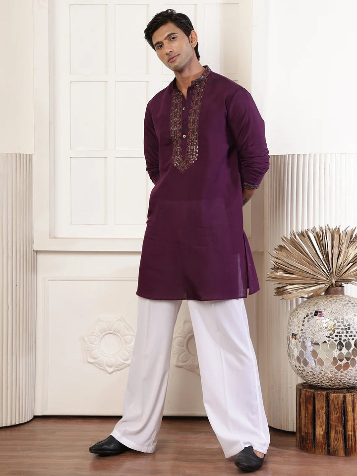 Magenta Thread Work Yoke Design Blended Straight Kurta for Men - Image 1
