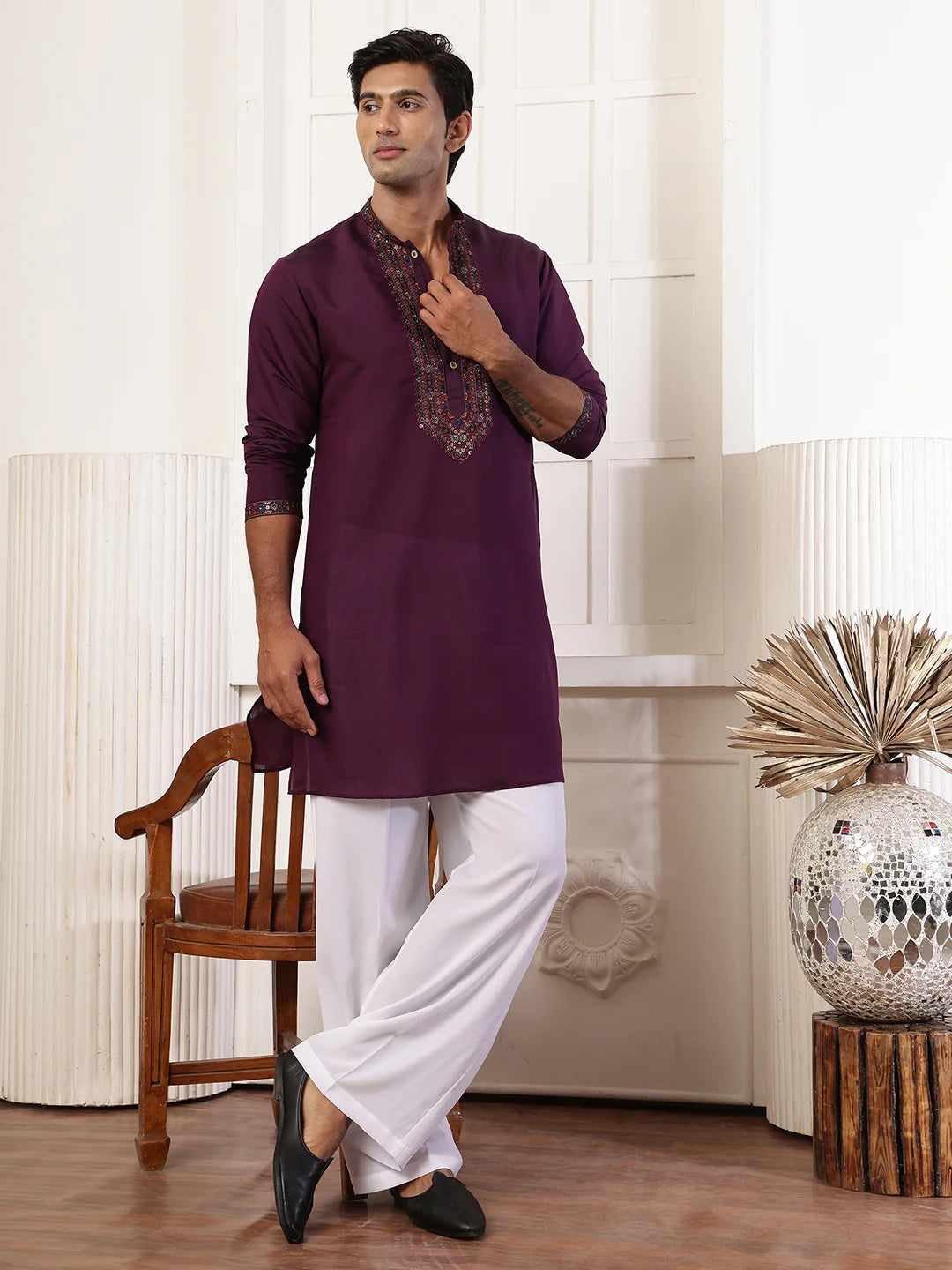 Magenta Thread Work Yoke Design Blended Straight Kurta for Men - Image 10