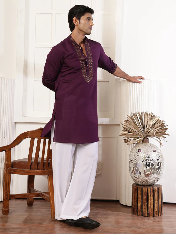 Magenta Thread Work Yoke Design Blended Straight Kurta for Men - Image 11