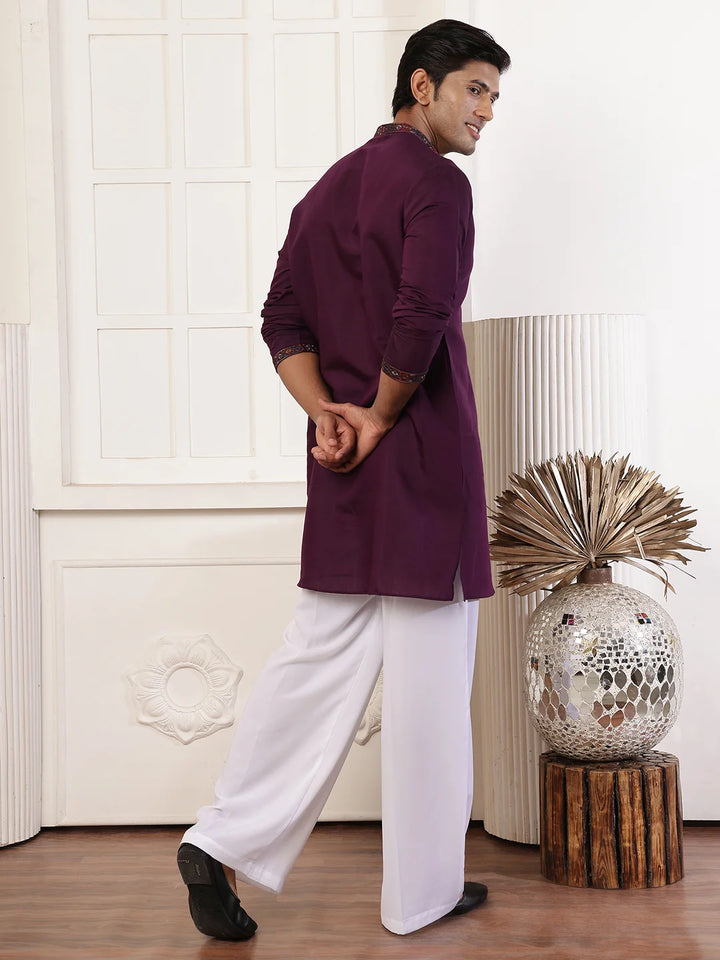 Magenta Thread Work Yoke Design Blended Straight Kurta for Men - Image 12