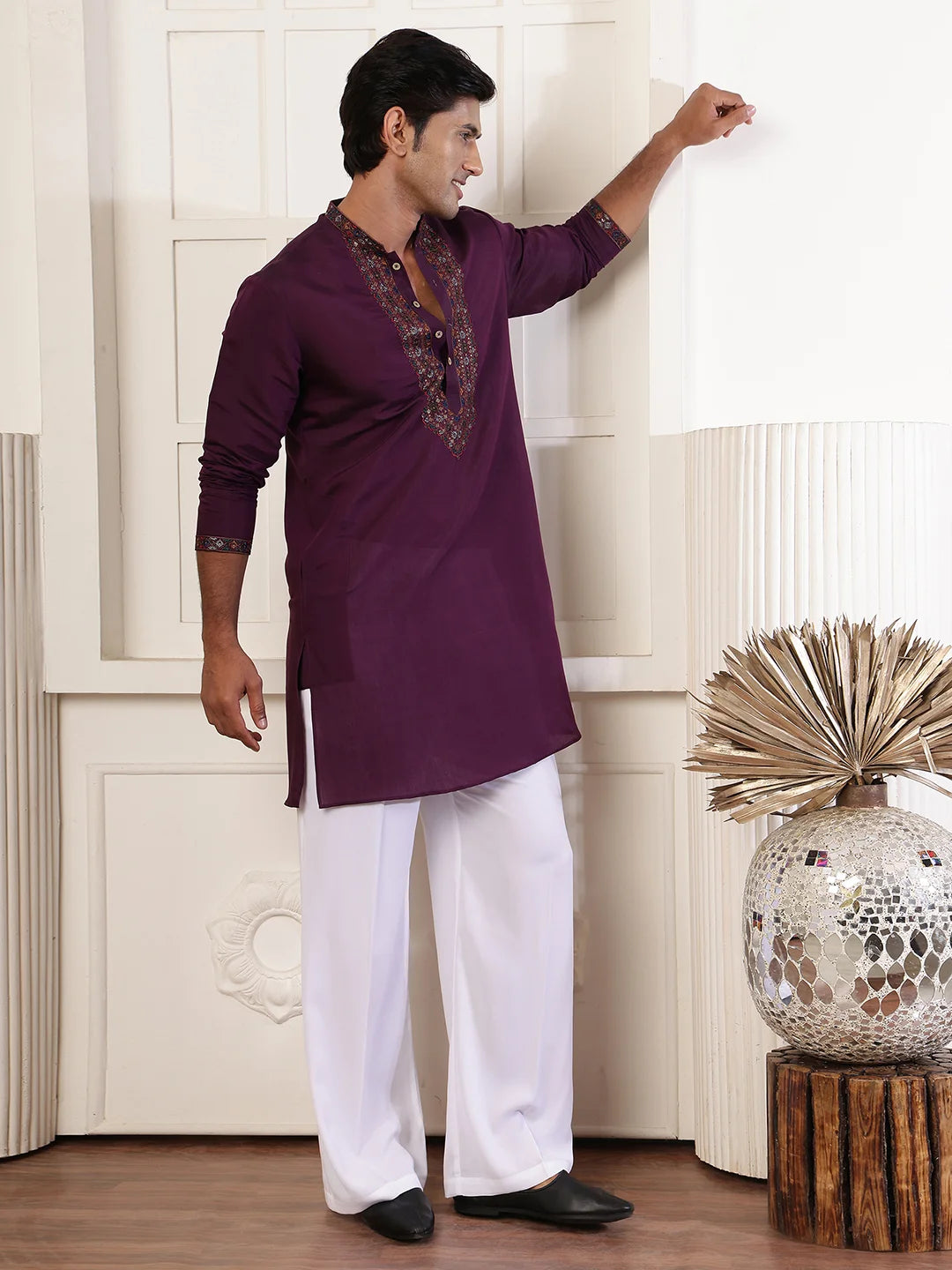 Magenta Thread Work Yoke Design Blended Straight Kurta for Men - Image 6