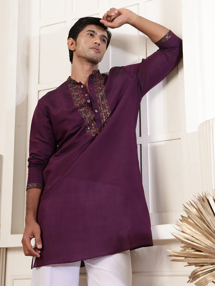 Magenta Thread Work Yoke Design Blended Straight Kurta for Men - Image 7