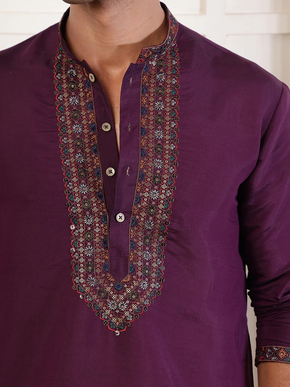 Magenta Thread Work Yoke Design Blended Straight Kurta for Men - Image 8