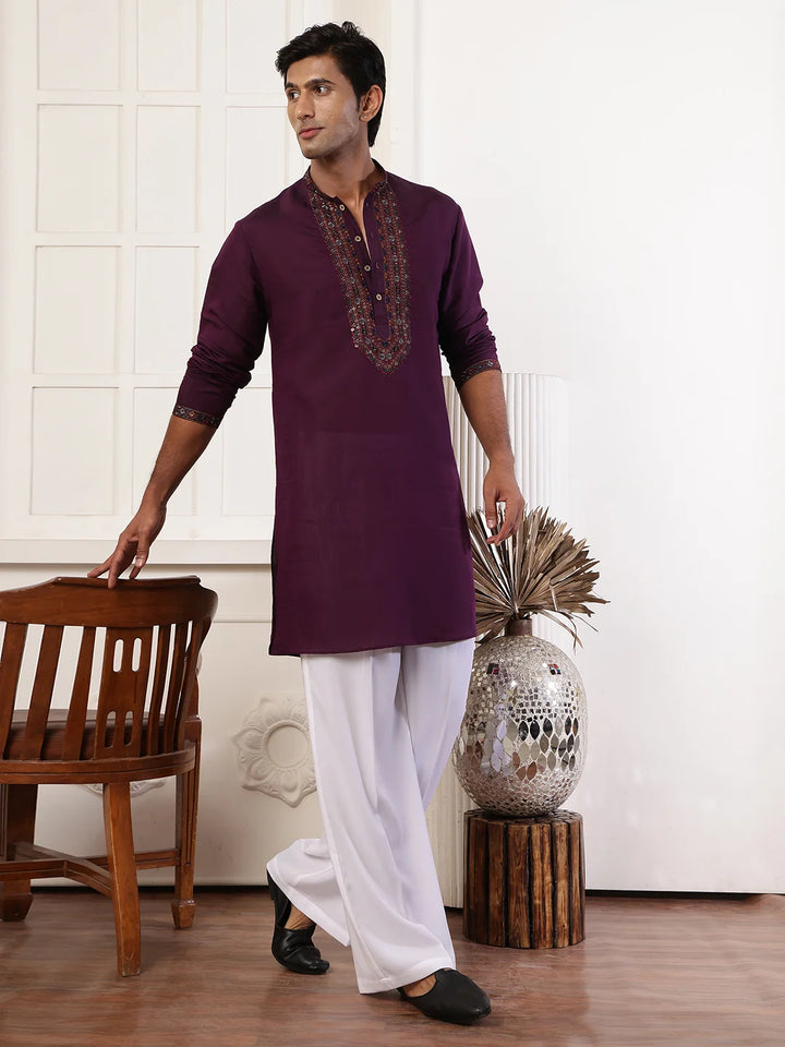 Magenta Thread Work Yoke Design Blended Straight Kurta for Men - Image 9