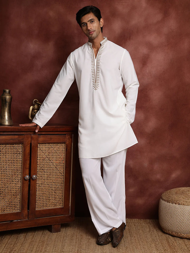 White Thread Work Yoke Design Blended Straight Kurta for Men - Image 1