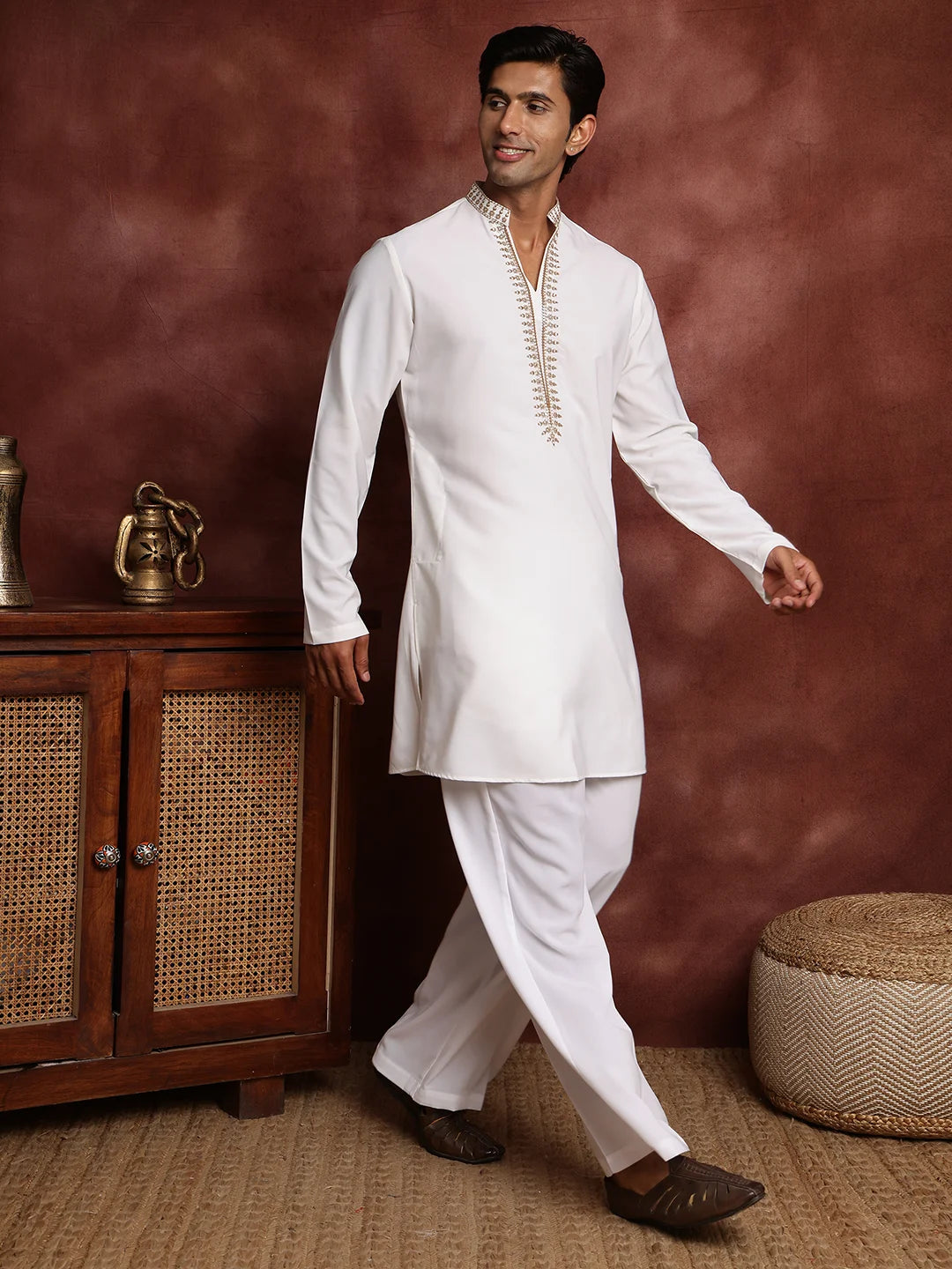 White Thread Work Yoke Design Blended Straight Kurta for Men - Image 11