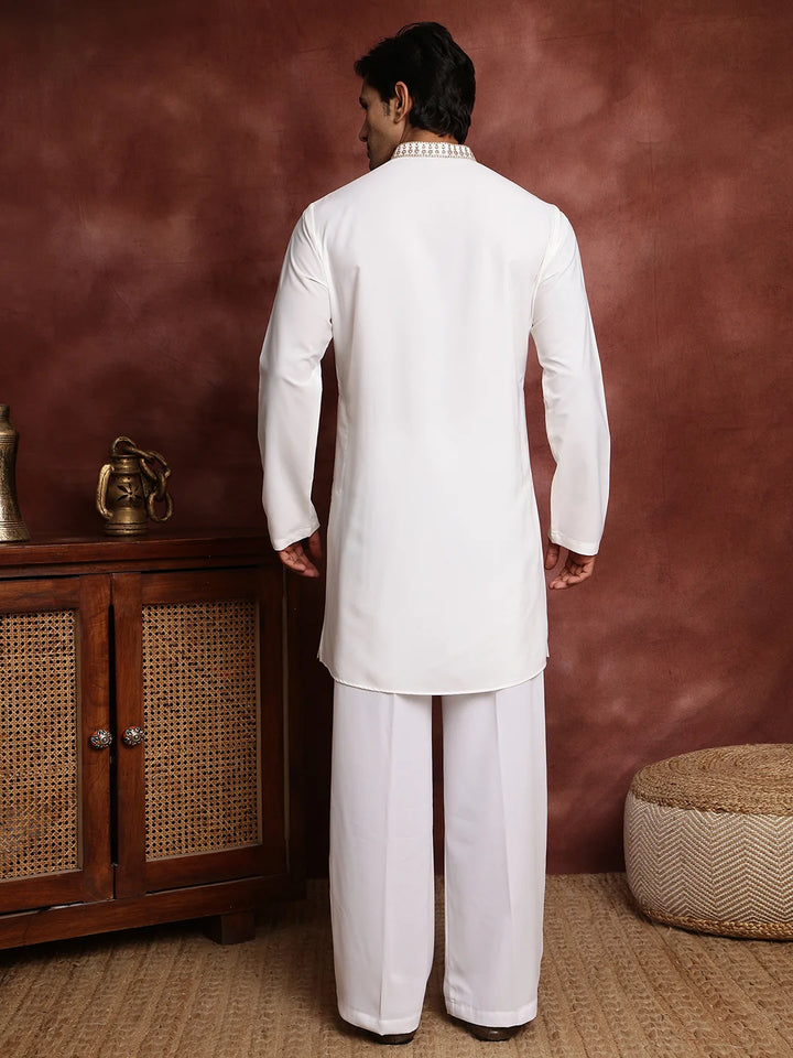 White Thread Work Yoke Design Blended Straight Kurta for Men - Image 2