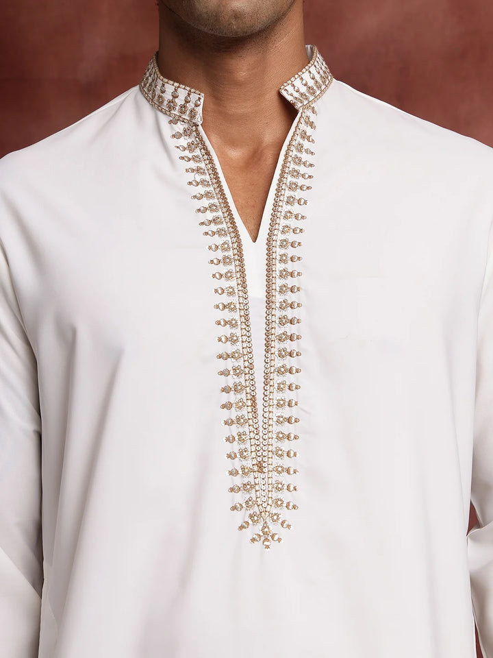 White Thread Work Yoke Design Blended Straight Kurta for Men - Image 5