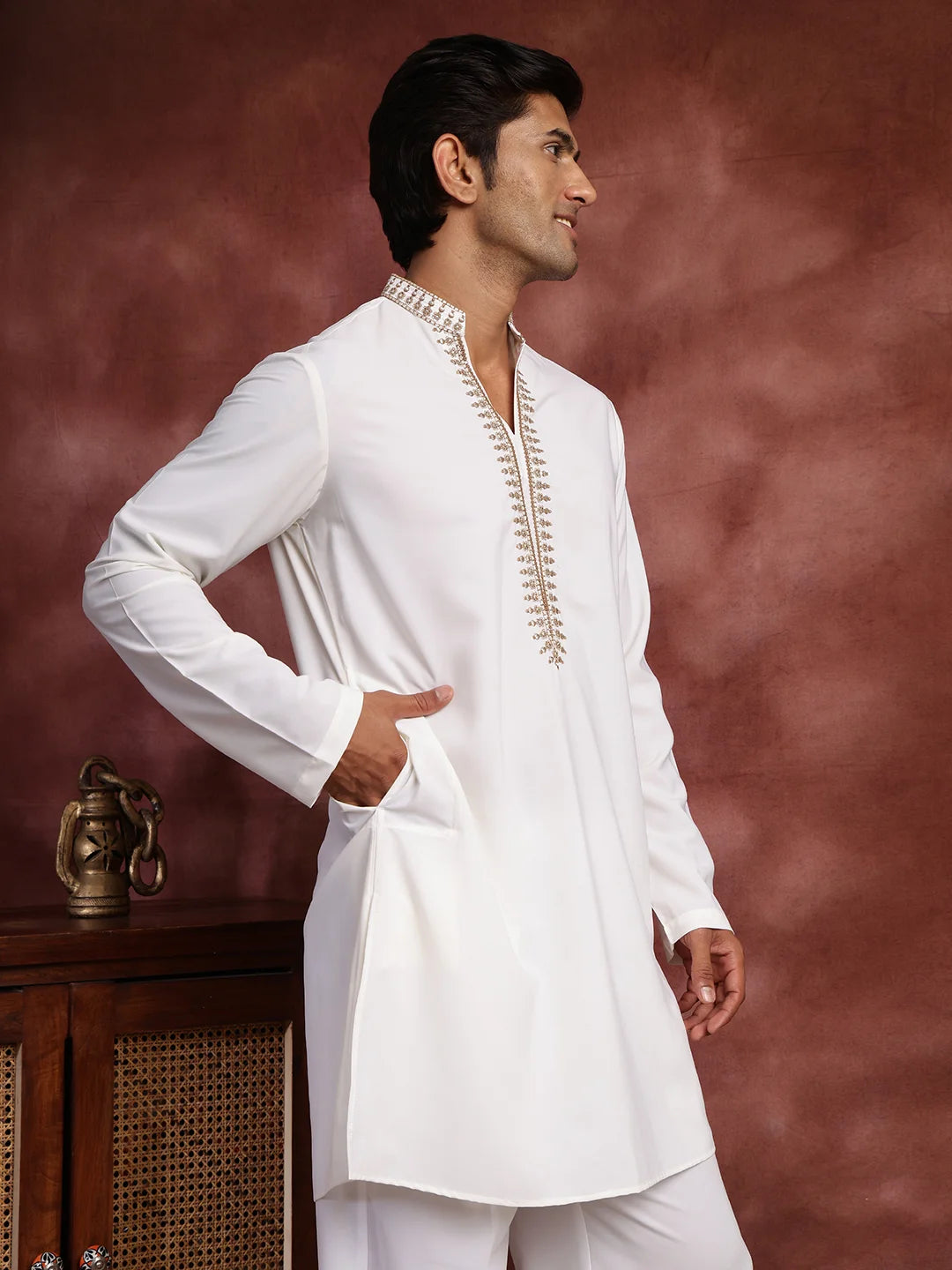 White Thread Work Yoke Design Blended Straight Kurta for Men - Image 7