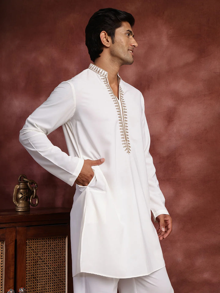 White Thread Work Yoke Design Blended Straight Kurta for Men - Image 7
