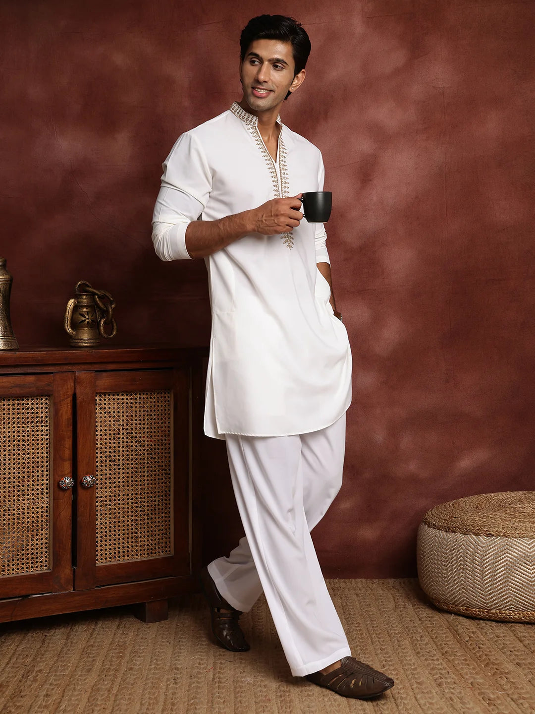 White Thread Work Yoke Design Blended Straight Kurta for Men - Image 8