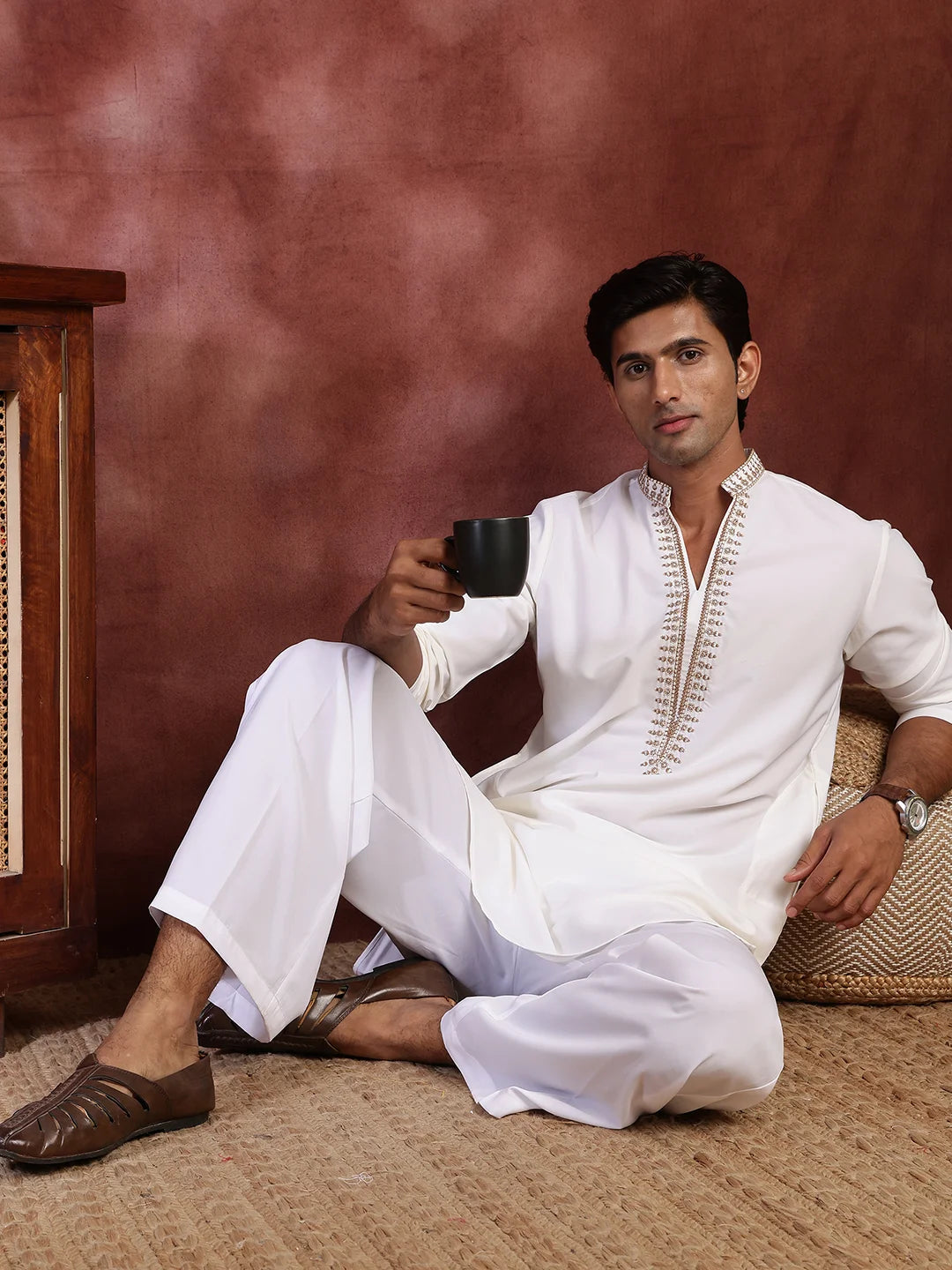 White Thread Work Yoke Design Blended Straight Kurta for Men - Image 9