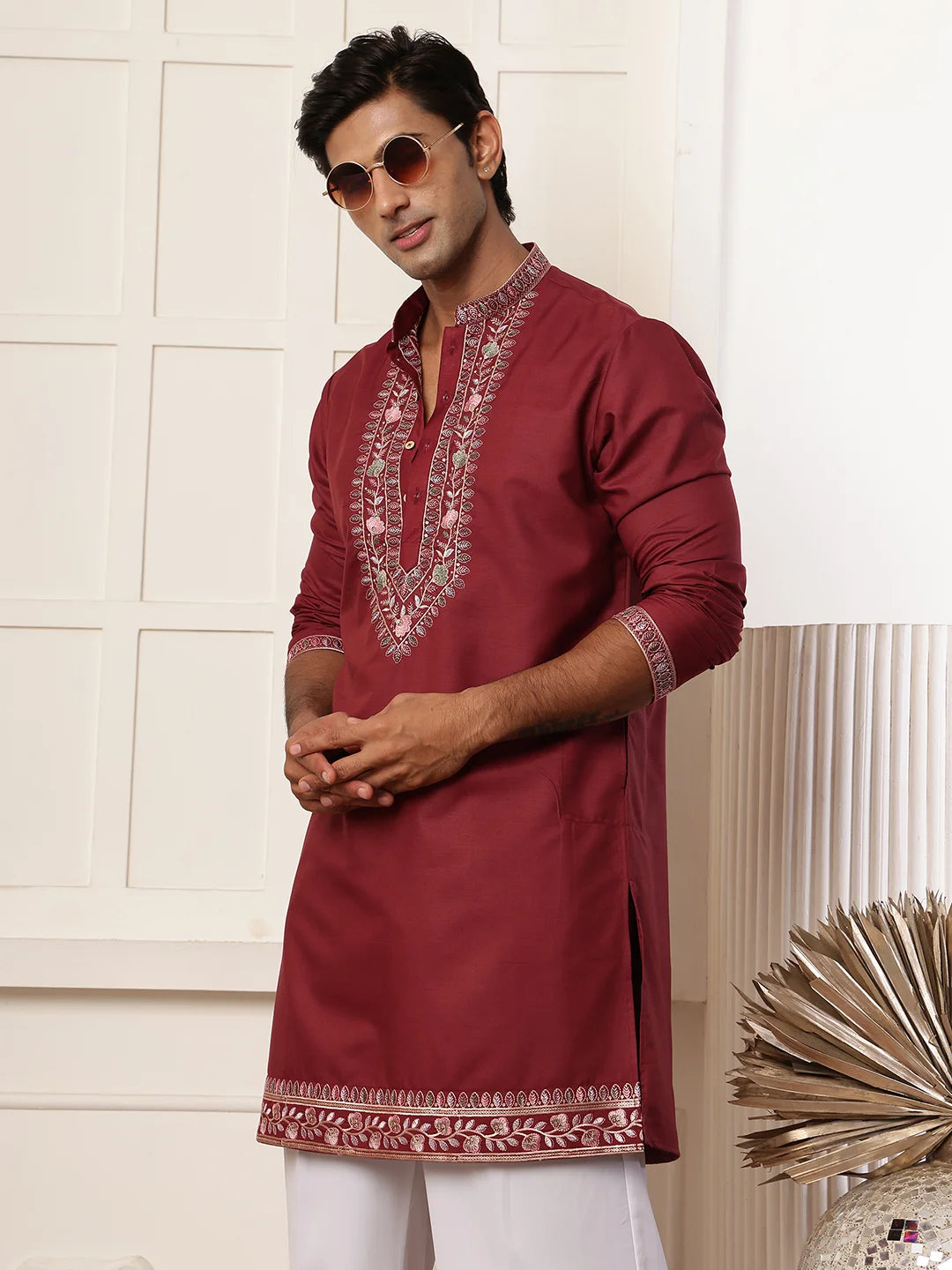 Maroon Thread Work Yoke Design Chanderi Silk Straight Kurta for Men - Image 1