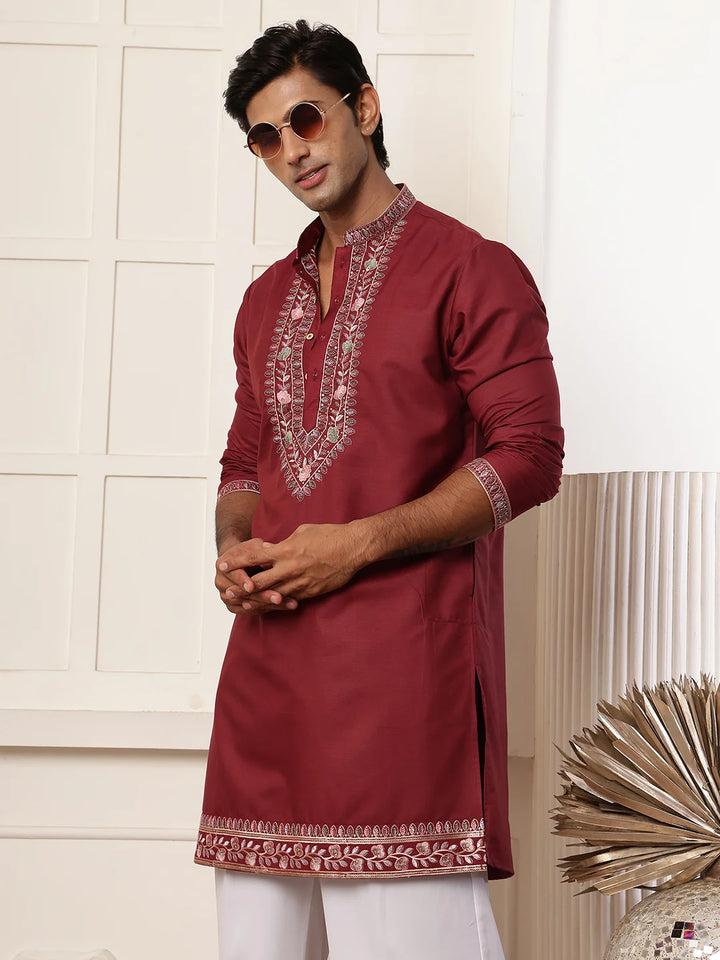 Maroon Thread Work Yoke Design Chanderi Silk Straight Kurta for Men - Image 1