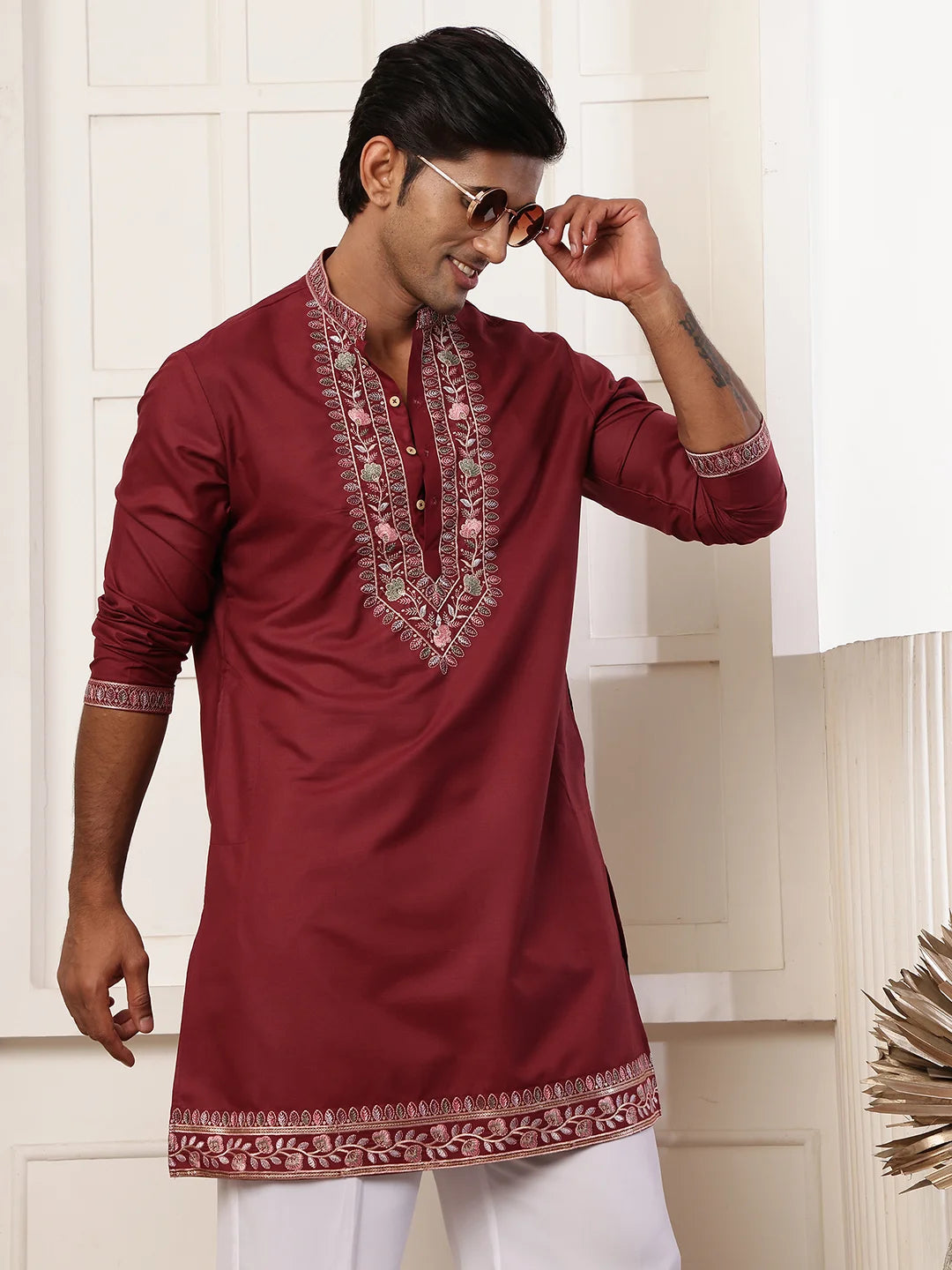 Maroon Thread Work Yoke Design Chanderi Silk Straight Kurta for Men - Image 10