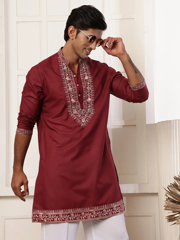 Maroon Thread Work Yoke Design Chanderi Silk Straight Kurta for Men - Image 10