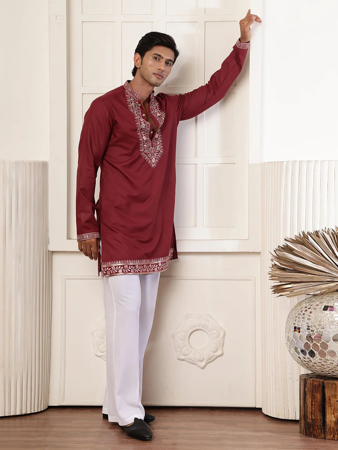 Maroon Thread Work Yoke Design Chanderi Silk Straight Kurta for Men - Image 11