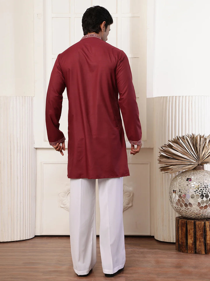 Maroon Thread Work Yoke Design Chanderi Silk Straight Kurta for Men - Image 2