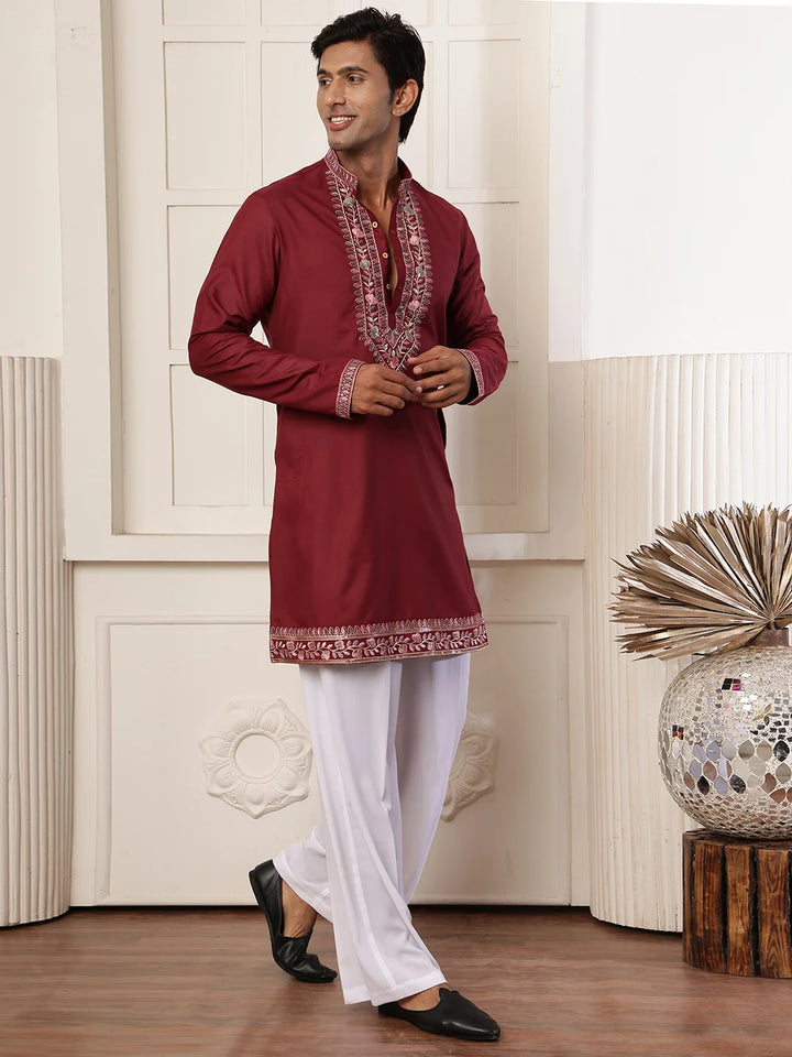 Maroon Thread Work Yoke Design Chanderi Silk Straight Kurta for Men - Image 3