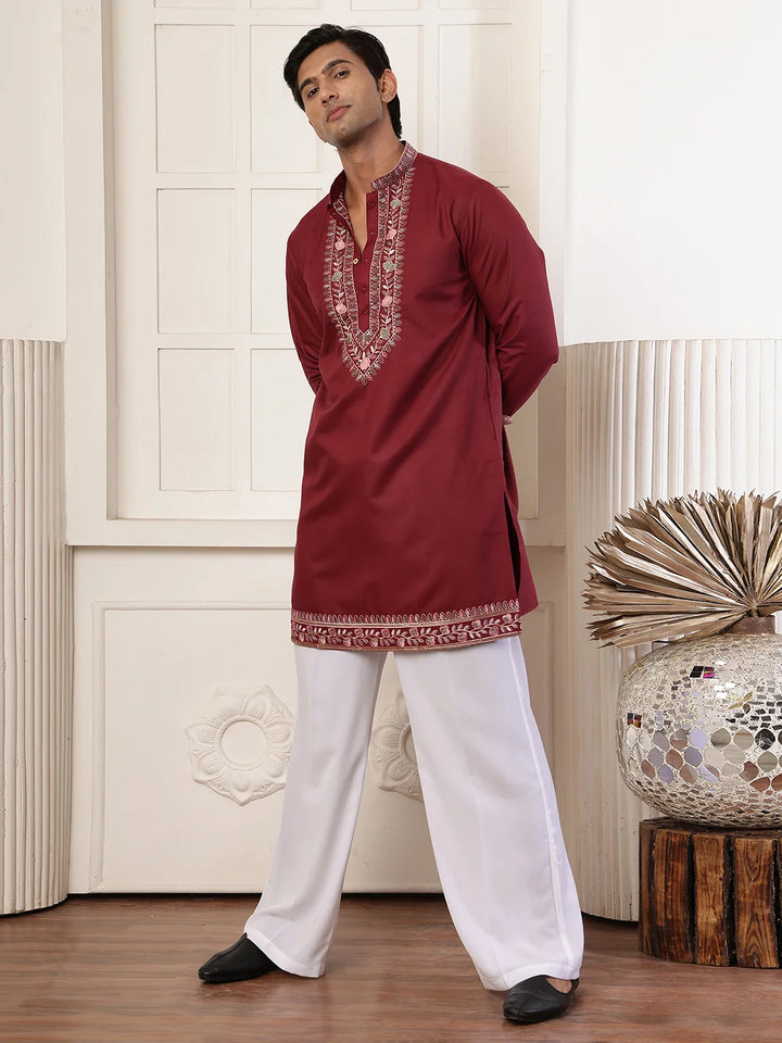 Maroon Thread Work Yoke Design Chanderi Silk Straight Kurta for Men - Image 4