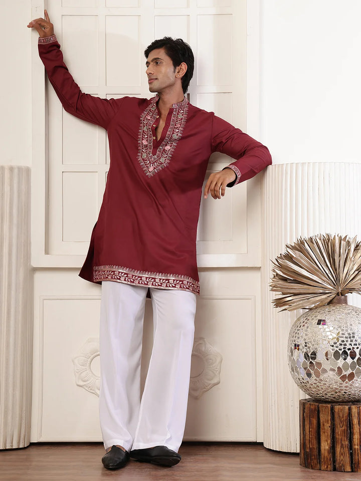 Maroon Thread Work Yoke Design Chanderi Silk Straight Kurta for Men - Image 5