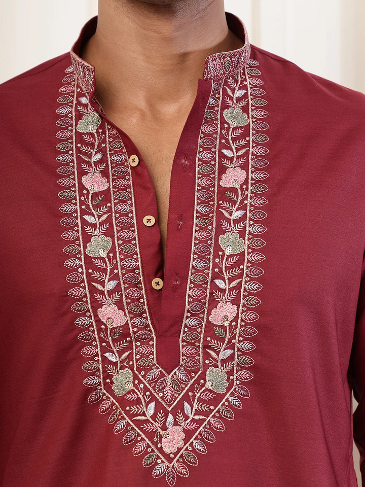 Maroon Thread Work Yoke Design Chanderi Silk Straight Kurta for Men - Image 6