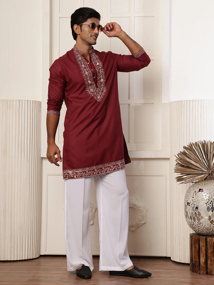 Maroon Thread Work Yoke Design Chanderi Silk Straight Kurta for Men - Image 7