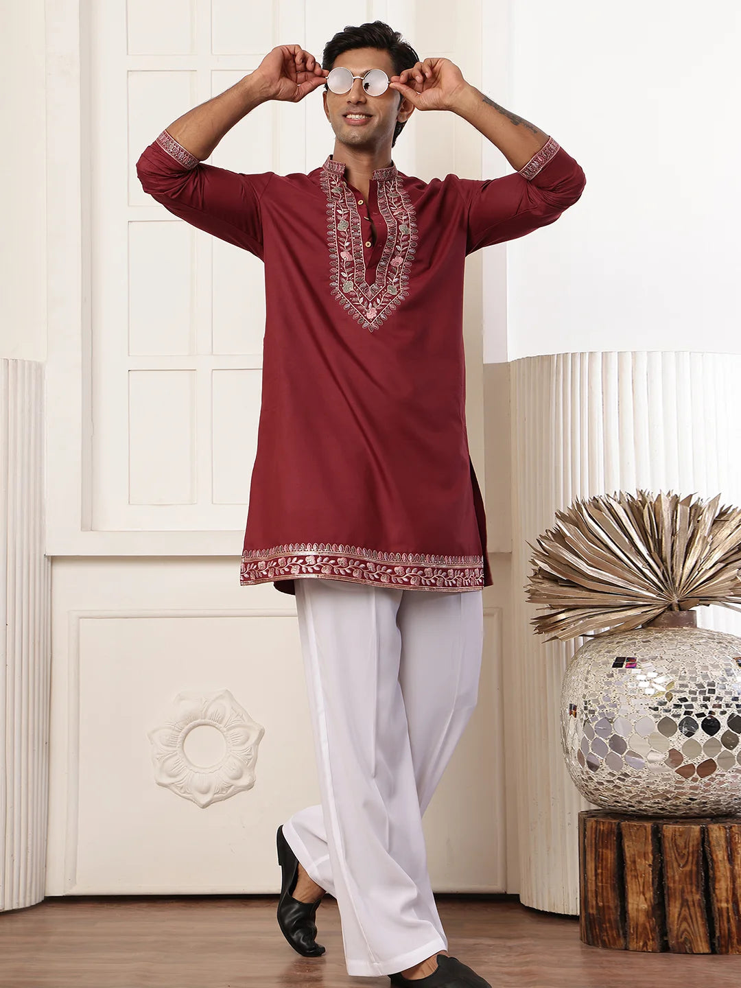 Maroon Thread Work Yoke Design Chanderi Silk Straight Kurta for Men - Image 8