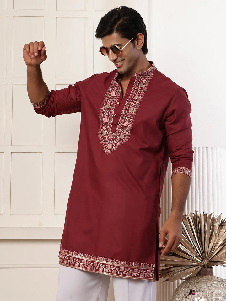 Maroon Thread Work Yoke Design Chanderi Silk Straight Kurta for Men - Image 9