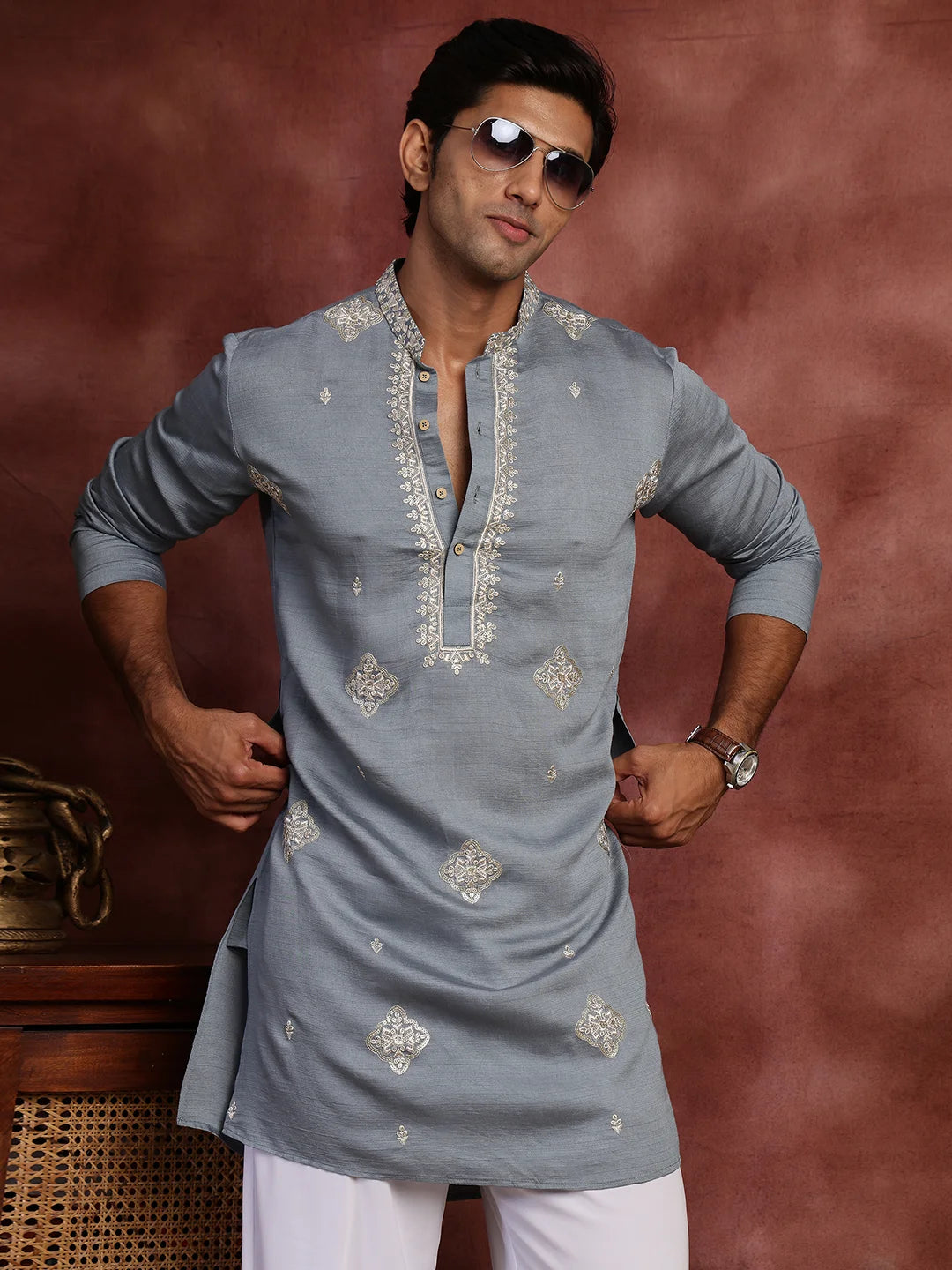 Grey Thread Work Yoke Design Dupion Silk Straight Kurta for Men - Image 1
