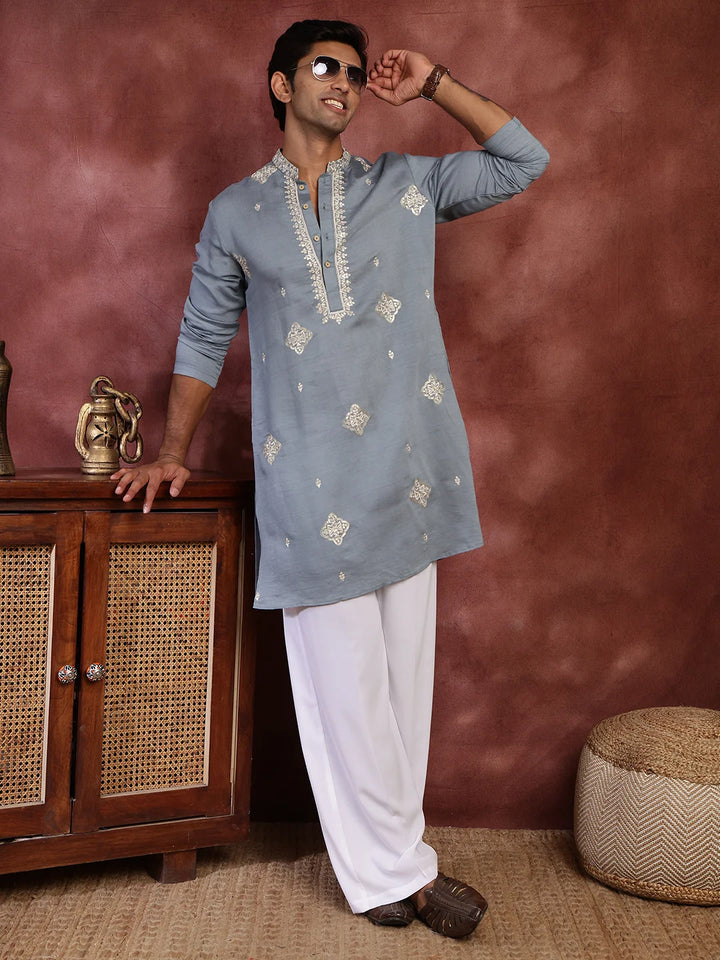 Grey Thread Work Yoke Design Dupion Silk Straight Kurta for Men - Image 10