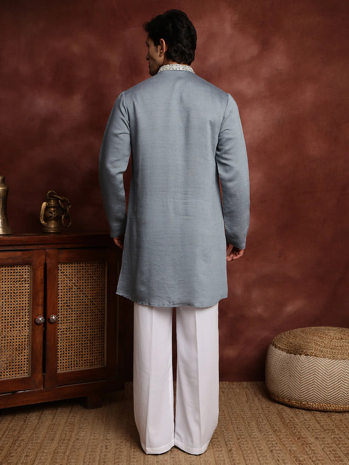 Grey Thread Work Yoke Design Dupion Silk Straight Kurta for Men - Image 11
