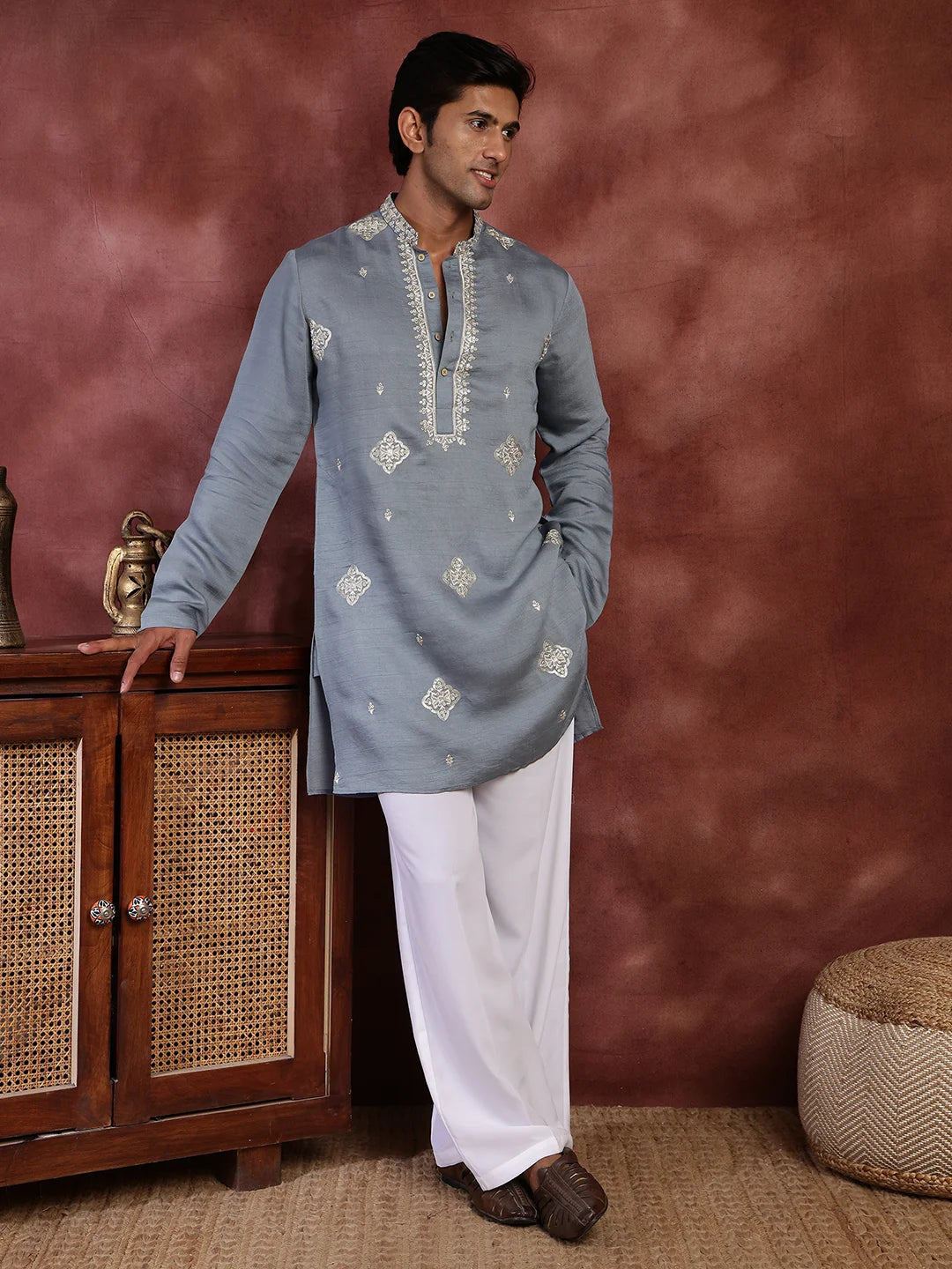Grey Thread Work Yoke Design Dupion Silk Straight Kurta for Men - Image 2