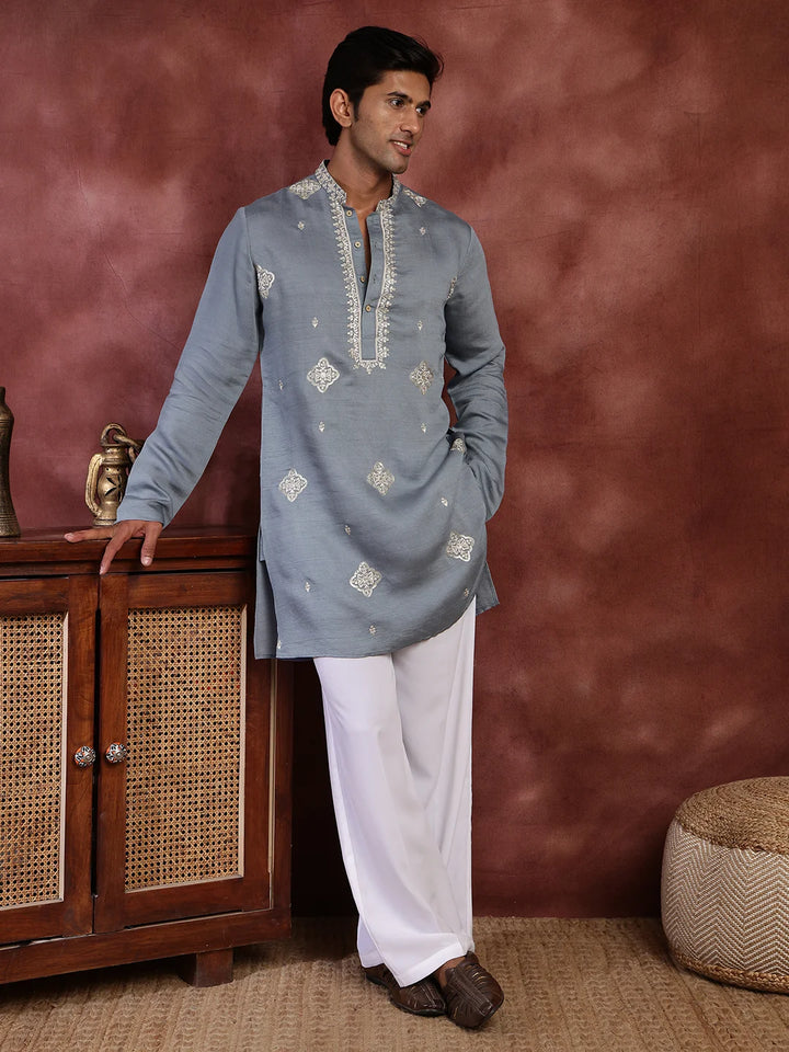 Grey Thread Work Yoke Design Dupion Silk Straight Kurta for Men - Image 2