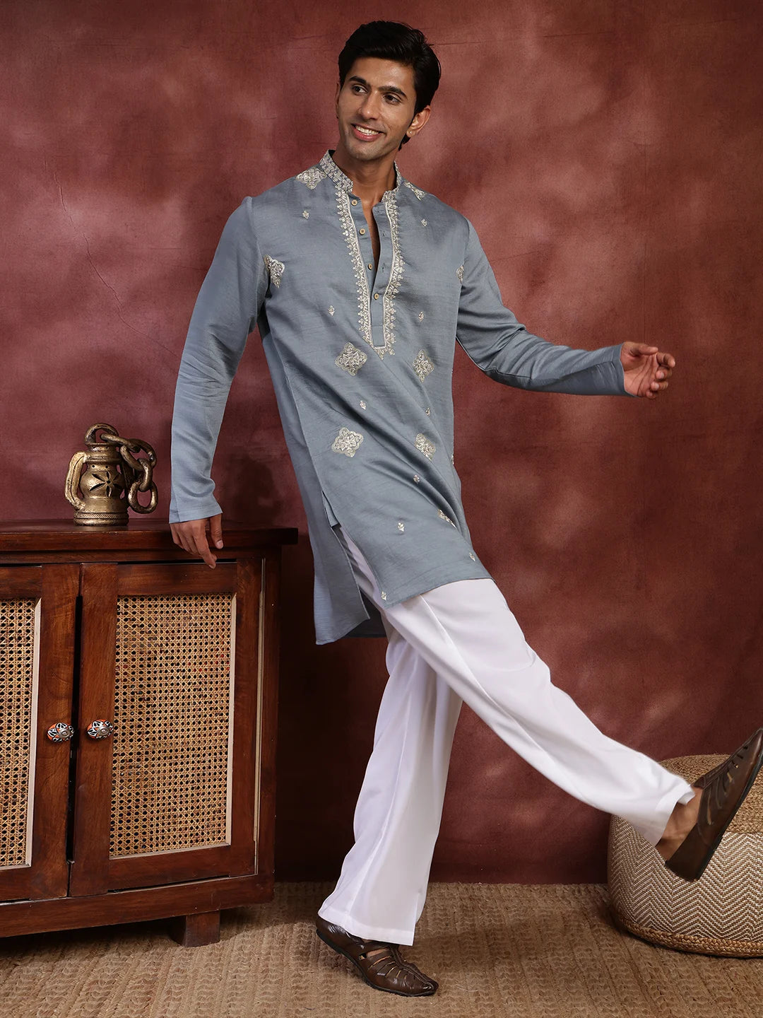 Grey Thread Work Yoke Design Dupion Silk Straight Kurta for Men - Image 3