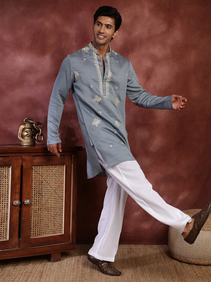 Grey Thread Work Yoke Design Dupion Silk Straight Kurta for Men - Image 3