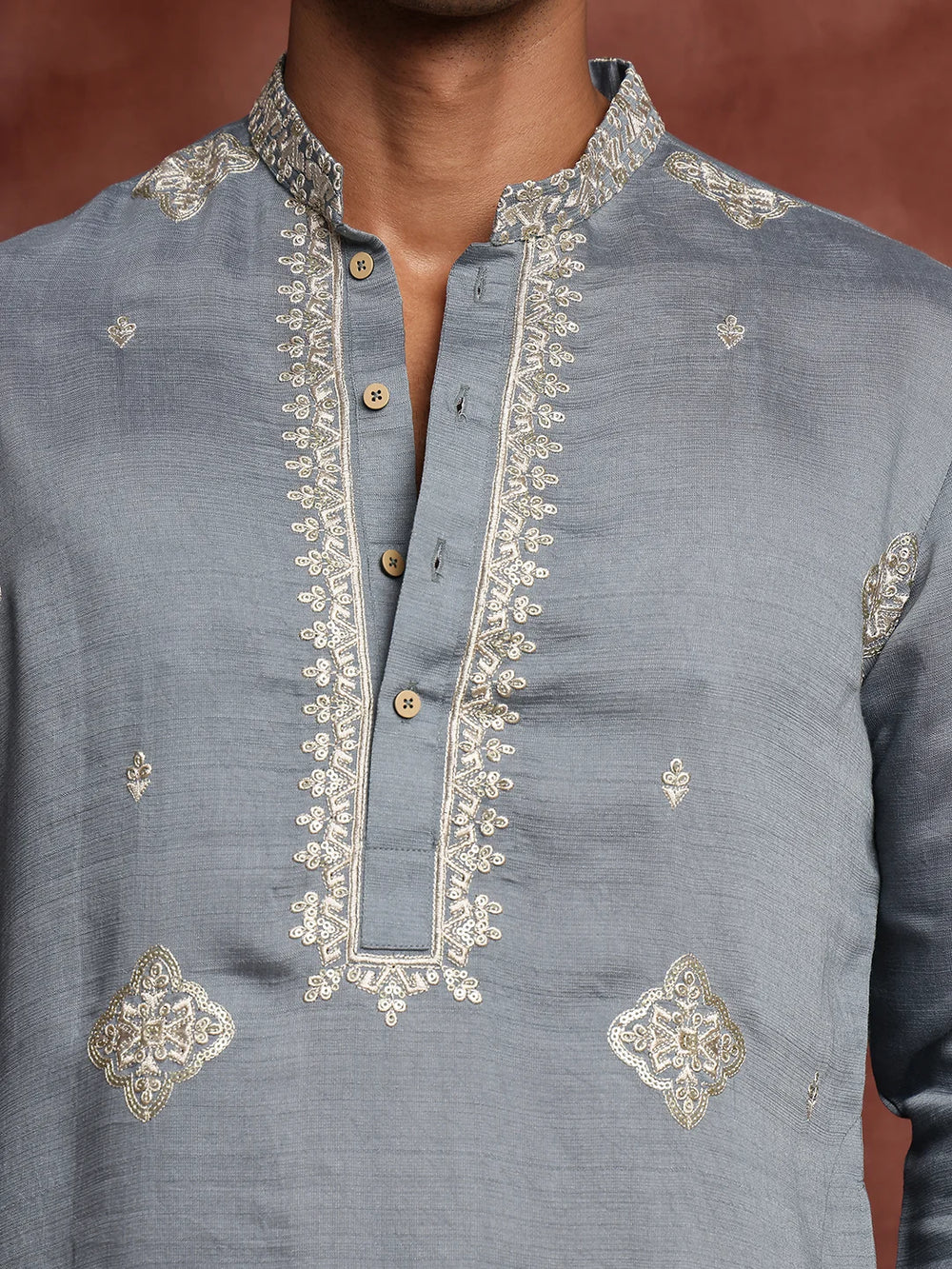 Grey Thread Work Yoke Design Dupion Silk Straight Kurta for Men - Image 4