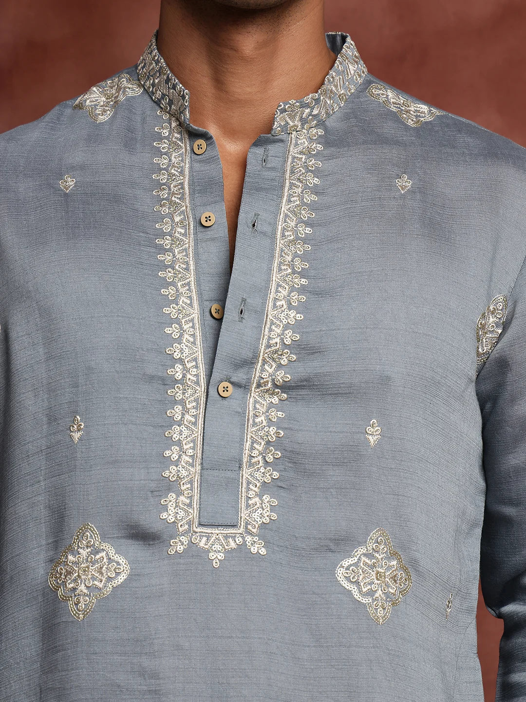 Grey Thread Work Yoke Design Dupion Silk Straight Kurta for Men - Image 4